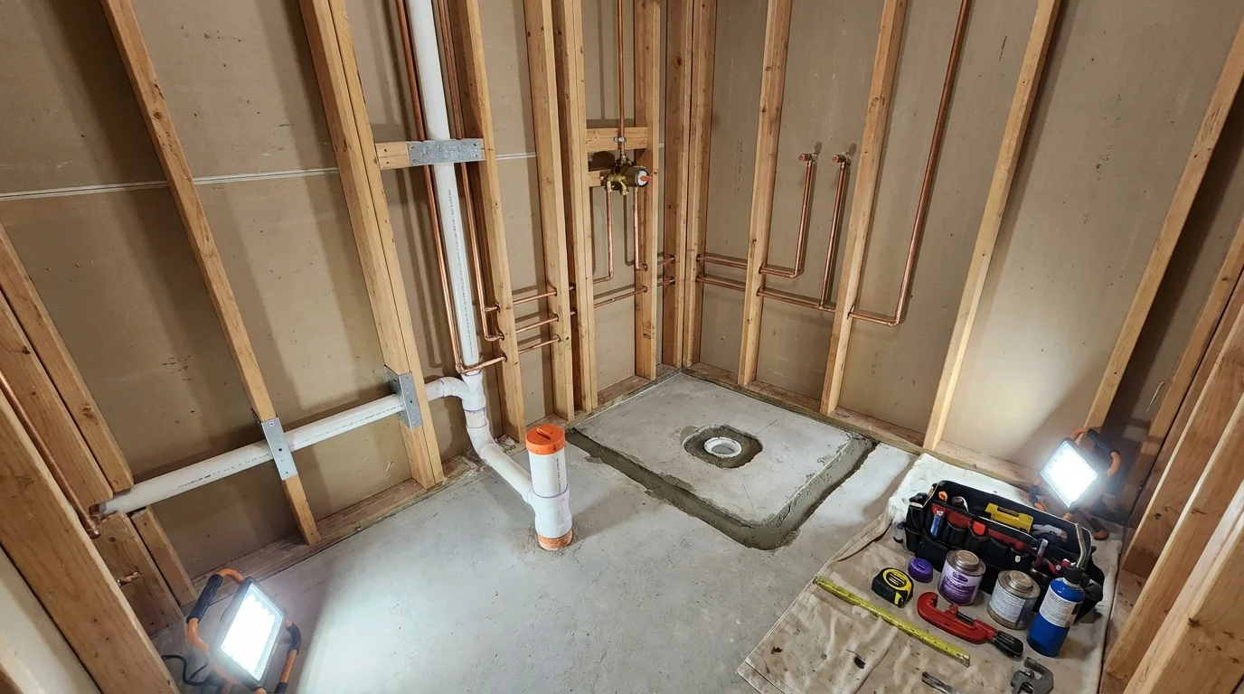 Bathroom rough-in plumbing during remodel by Johns Plumbing LLC in Quitman