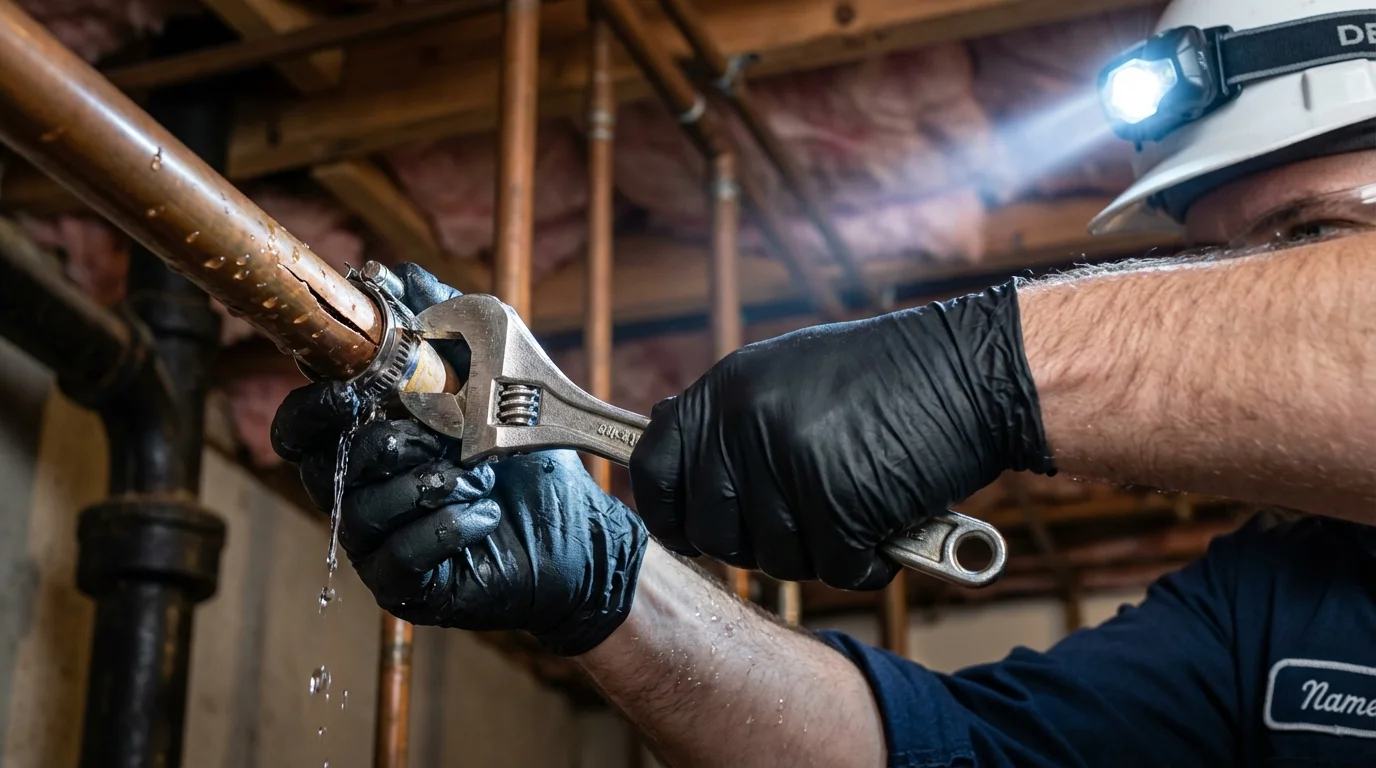 Emergency pipe clamp repair being performed by a Johns Plumbing LLC plumber in Quitman