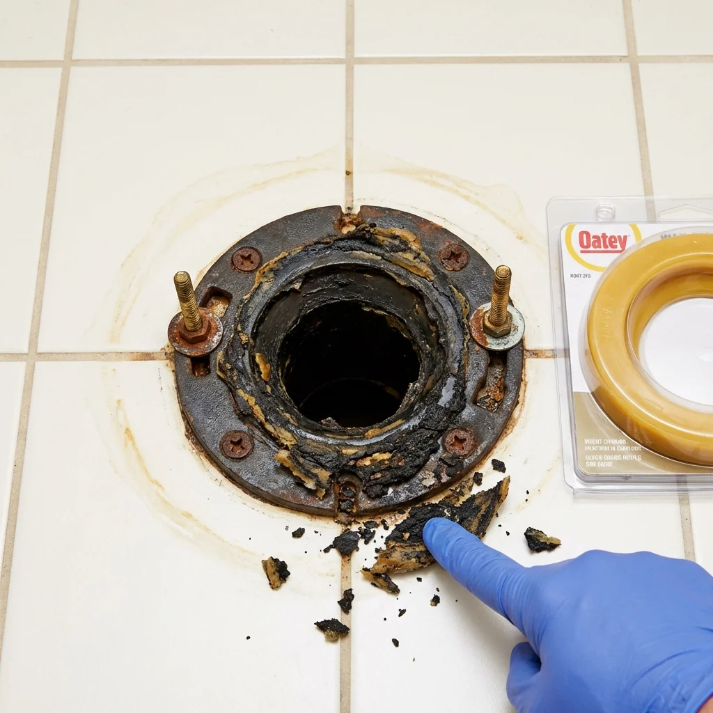 Failed wax ring showing water seepage at the base of a toilet in a Quitman, MS home
