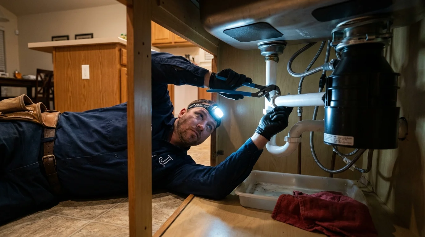 P-trap and supply line connections under a kitchen sink showing a common leak point in Quitman, MS